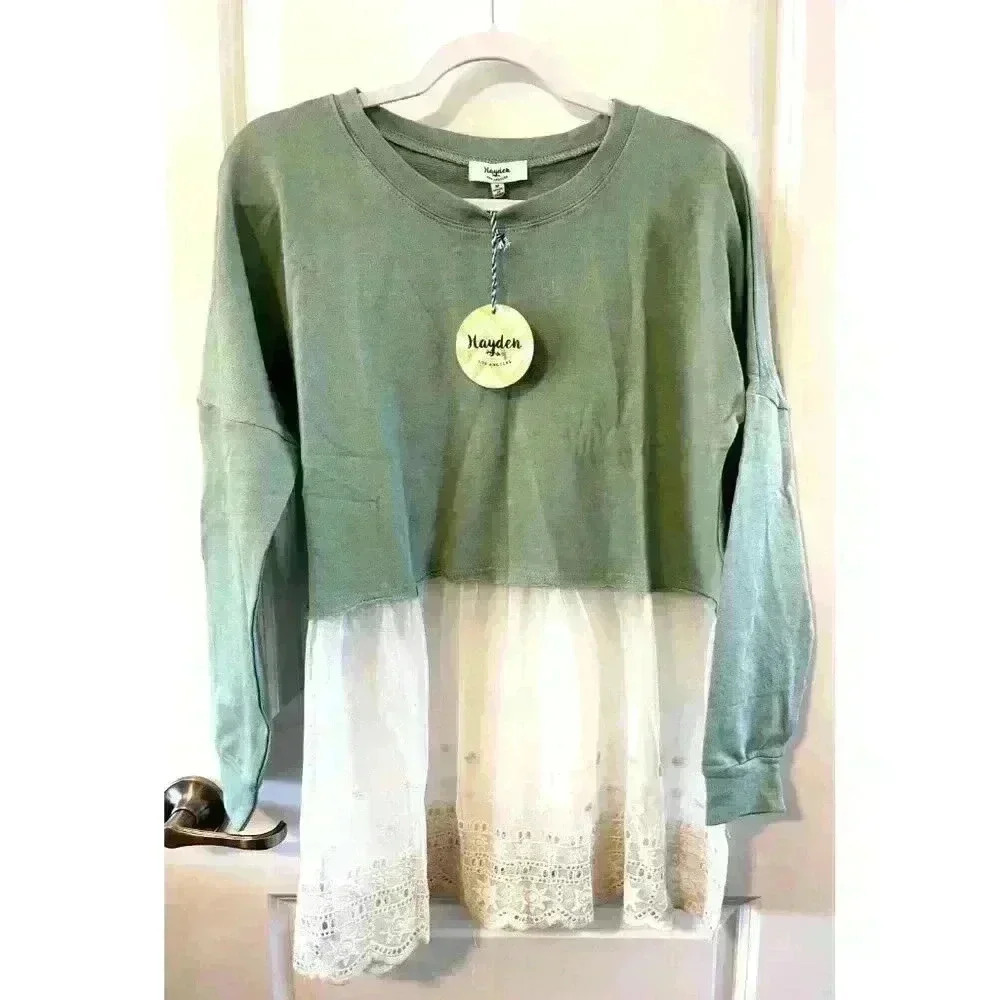 NWT Hayden Los Angeles Layered Cotton/Lace Sage Green Cream Size M Babydoll top